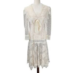 Vintage Jessica McClintock Collared Bow Long Sleeve Sheer Lace Prairie Dress